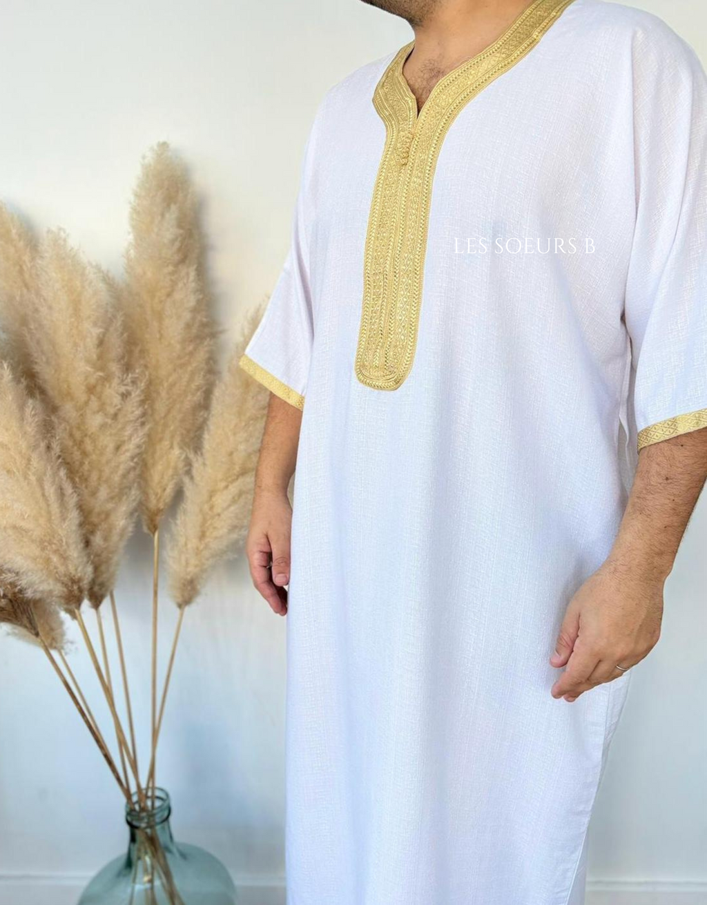 Abaya blanche et dorée  - Réf : 4066