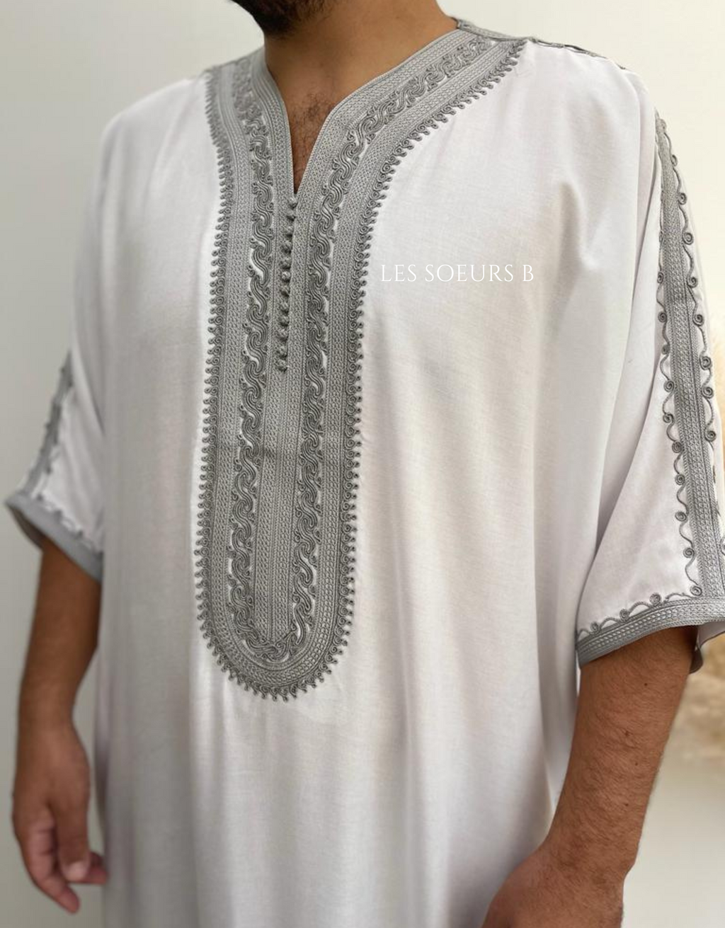 Abaya blanche et grise - Réf : 4015